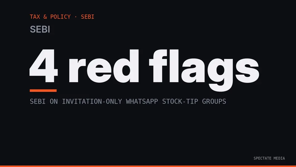 Spectate Media graphic: SEBI's four warning signs about WhatsApp stock-tip groups, issued on 22 October 2026