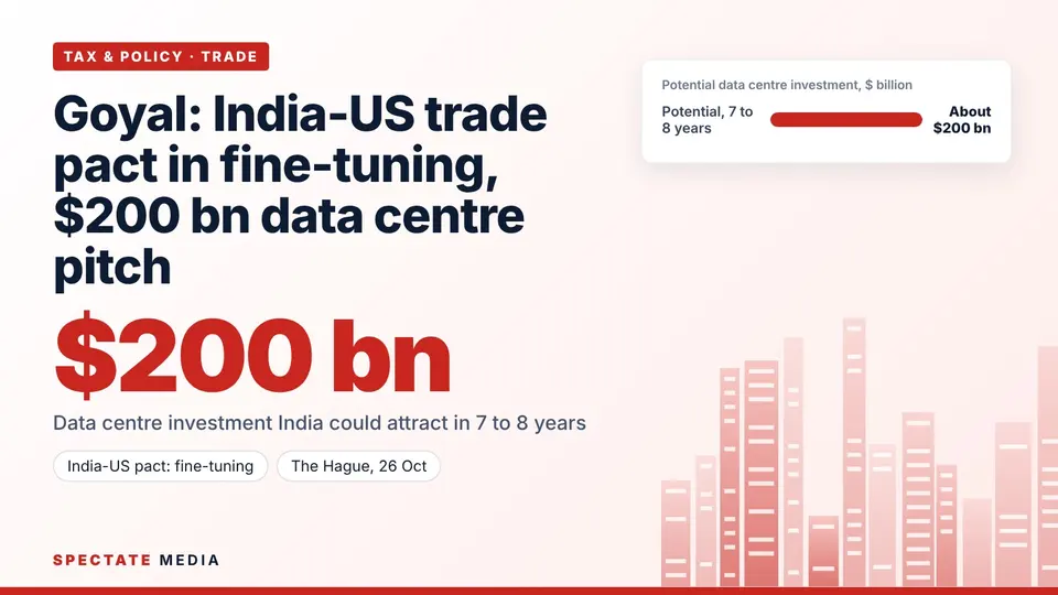 Spectate Media graphic: Piyush Goyal remarks on the India-US trade pact and about 200 billion dollars of potential data centre investment over seven to eight years