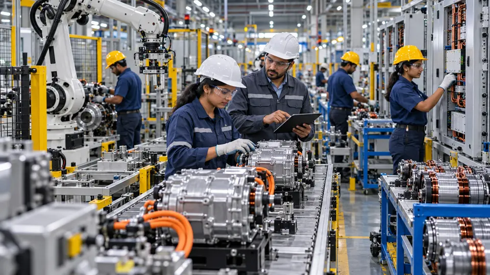 Workers monitor automated machinery on a modern Indian electrical equipment and automotive components factory floor.
