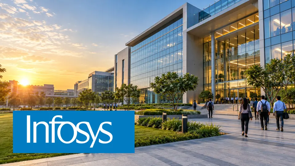 Infosys official white wordmark prominently embedded over a realistic editorial view of a modern Hyderabad technology campus.