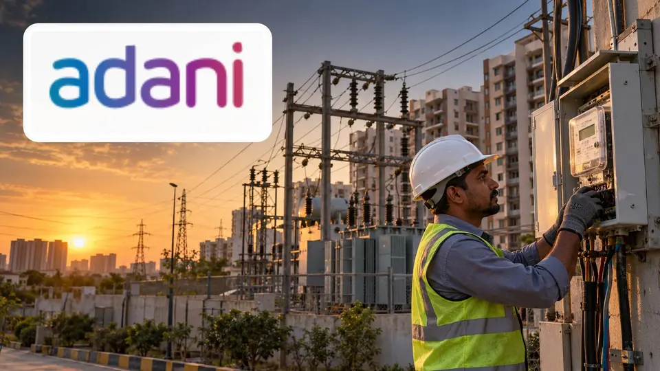 Adani official colour logo prominently embedded over a realistic Indian smart-meter installation.